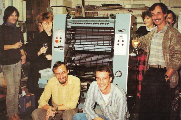 1986, Einweihung neue Roland 1-Farben Offsetmaschine